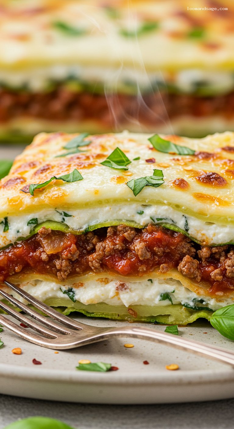 Keto Zucchini Lasagna with Beef Ragù – Closeup