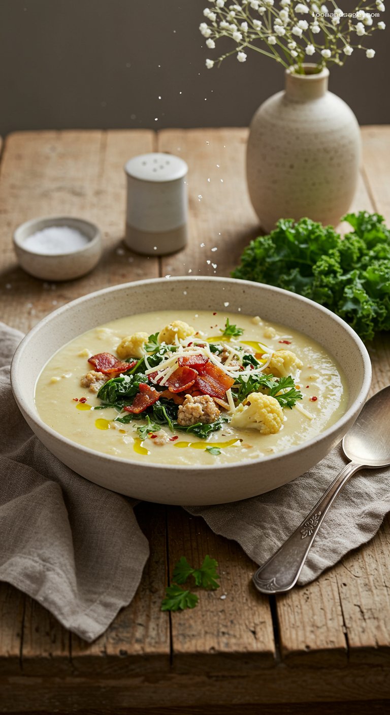 Keto Zuppa Toscana with Sausage, Kale, and Cauliflower