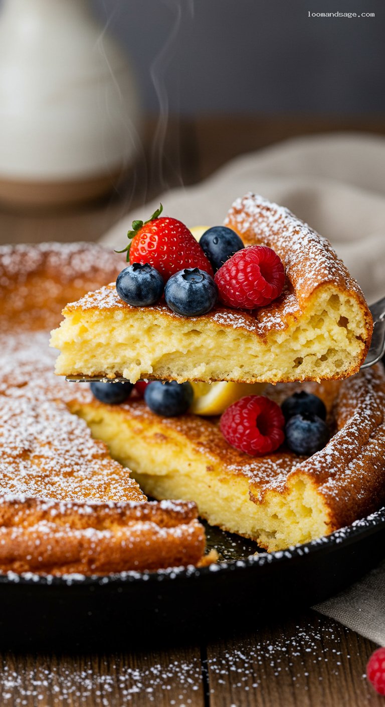 Lemon Dutch Baby with Powdered Sugar and Fresh Berries – Closeup