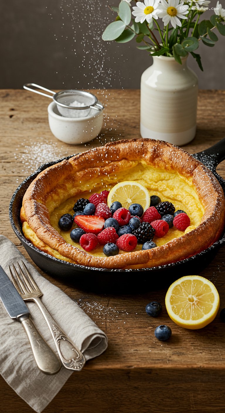 Lemon Dutch Baby with Powdered Sugar and Fresh Berries