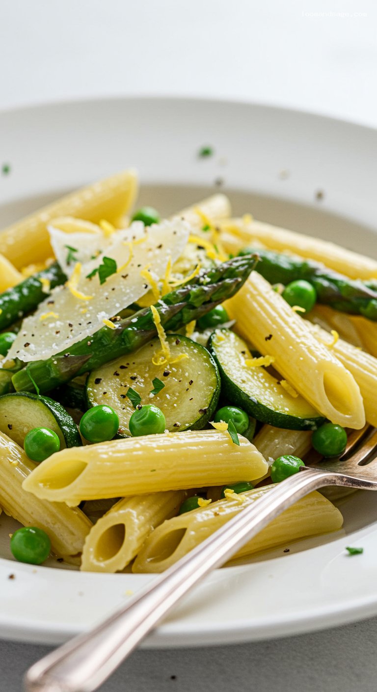 Lemon-Garlic Pasta Primavera with Spring Veggies – Closeup