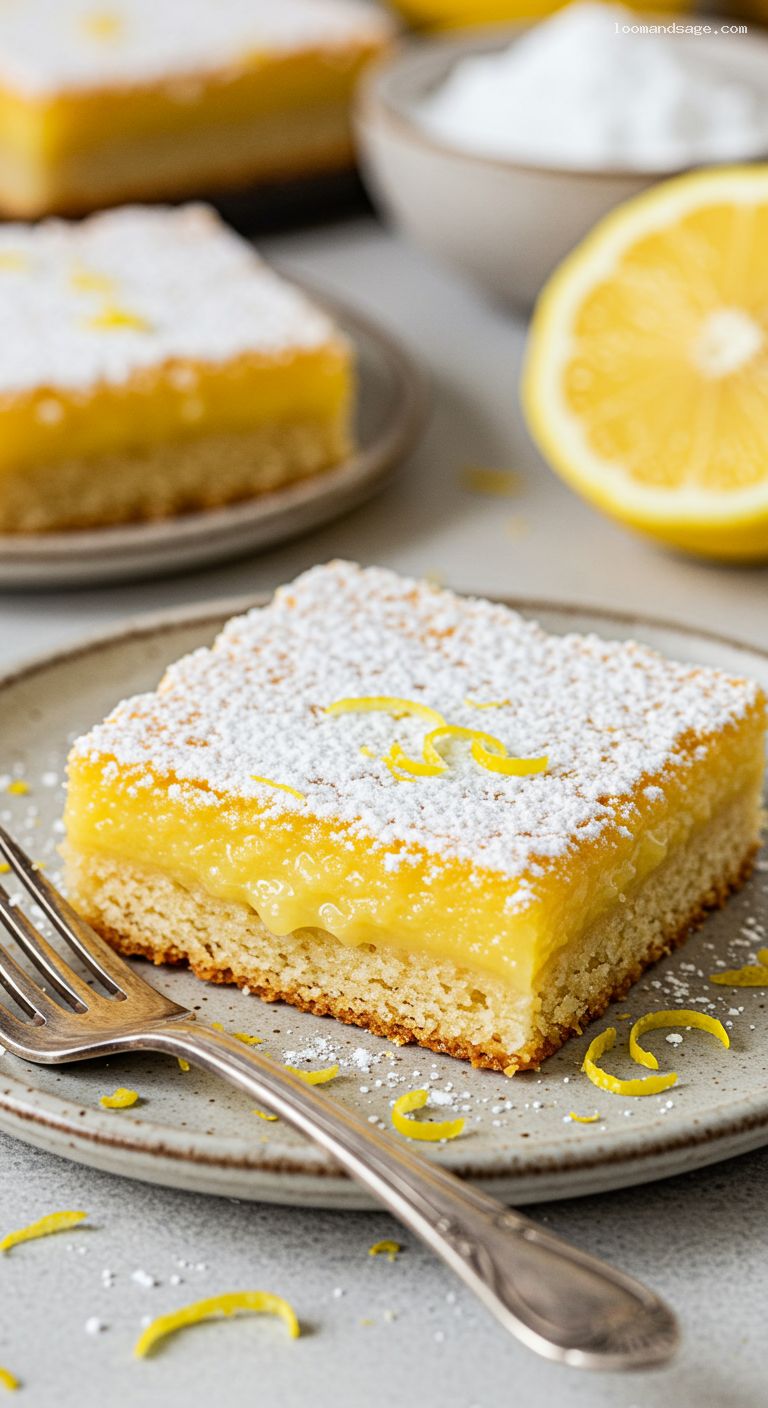 Lemon Gooey Butter Cake with Powdered Sugar and Zest – Closeup