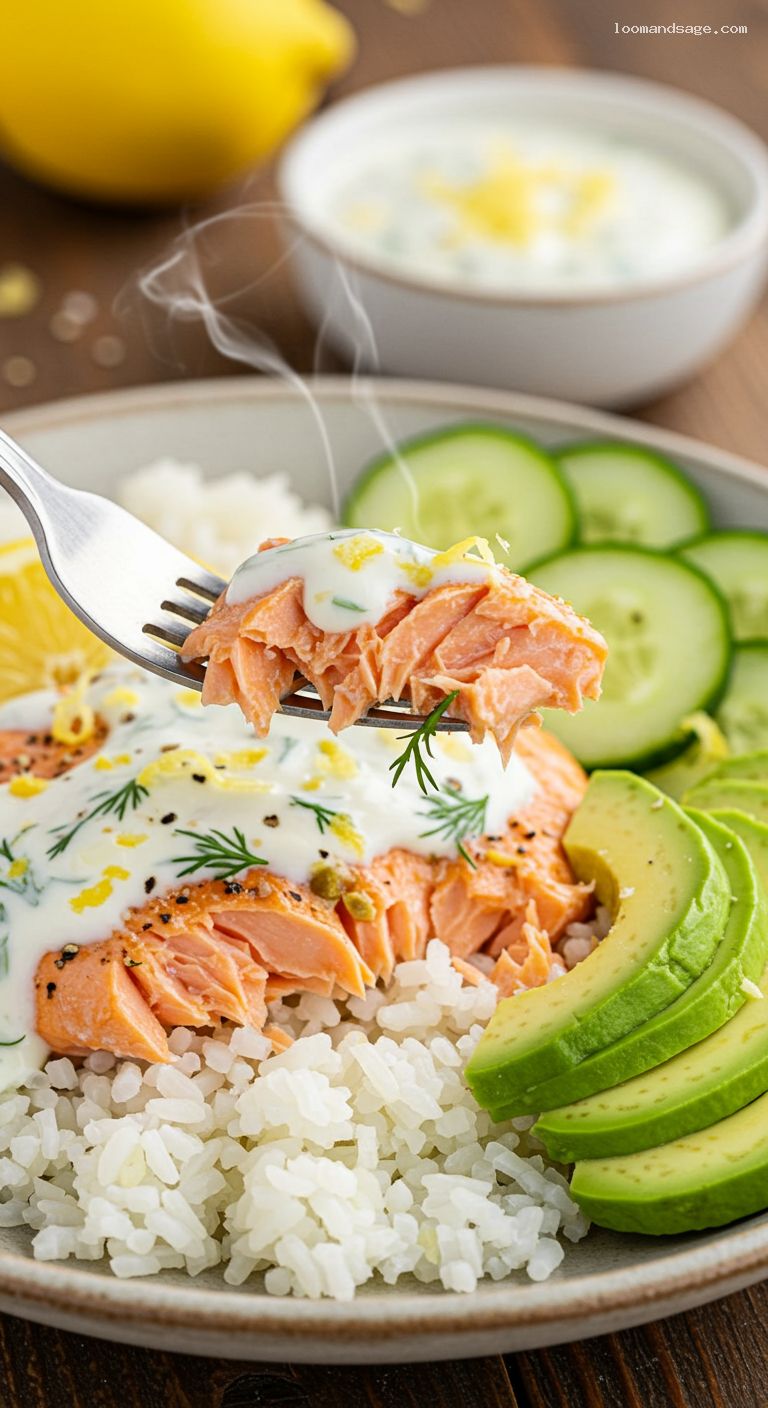 Lemon-Herb Salmon Rice Bowls with Yogurt Drizzle – Closeup