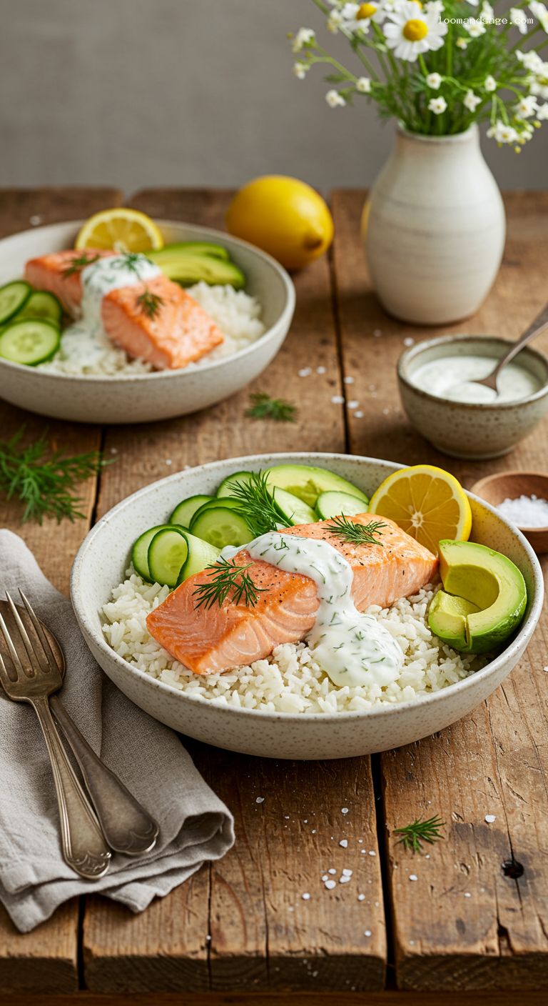 Lemon-Herb Salmon Rice Bowls with Yogurt Drizzle
