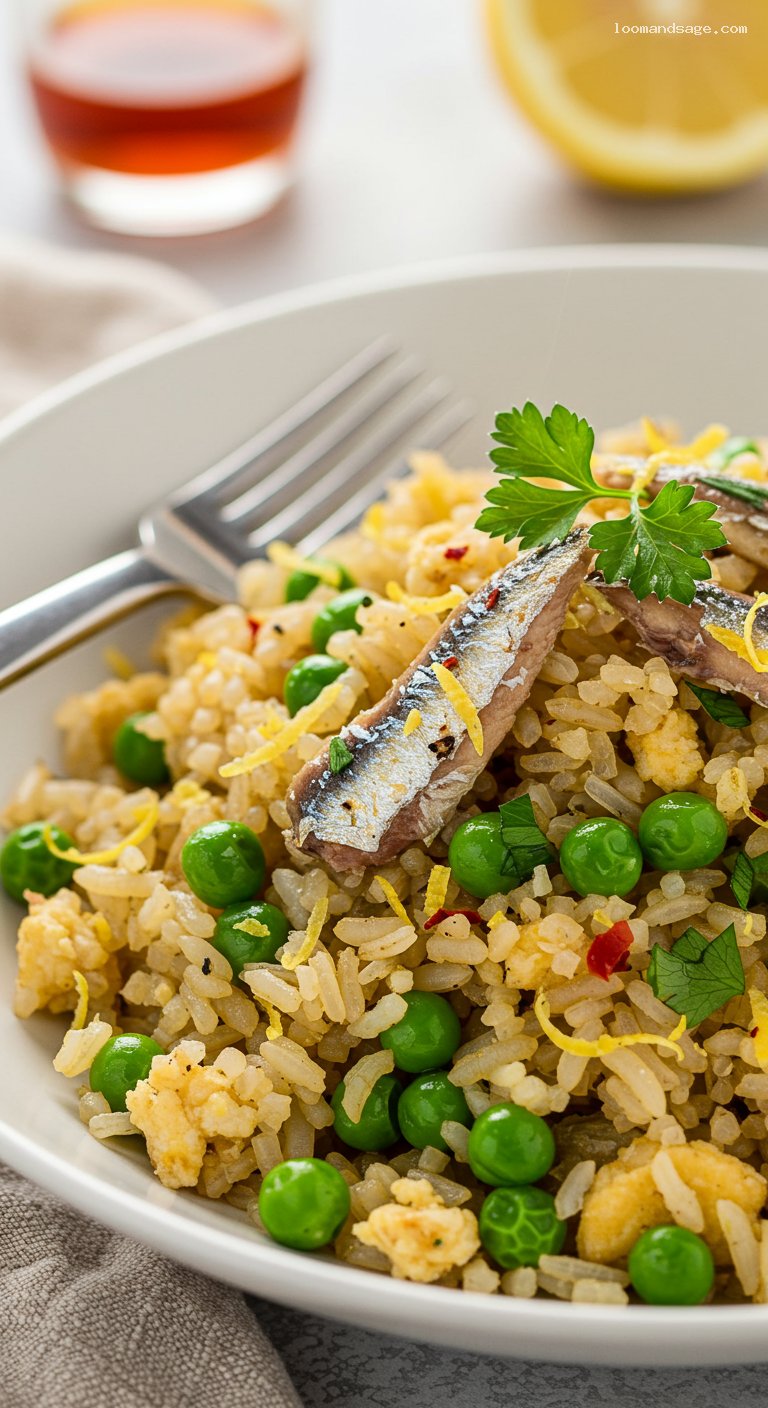 Lemon-Parsley Sardine Fried Rice with Chili Oil – Closeup