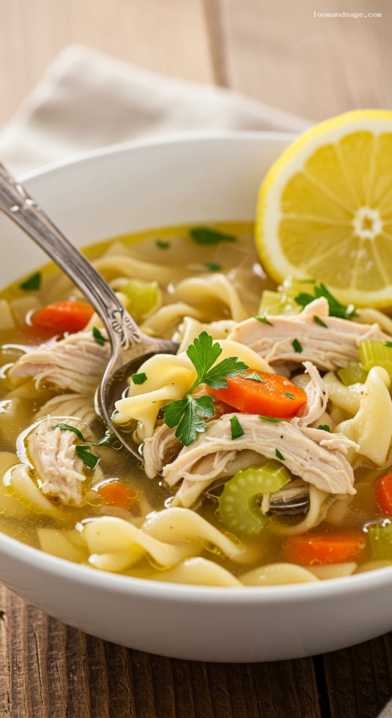 Lemony Chicken Noodle Soup with Bone-In Thighs – Closeup