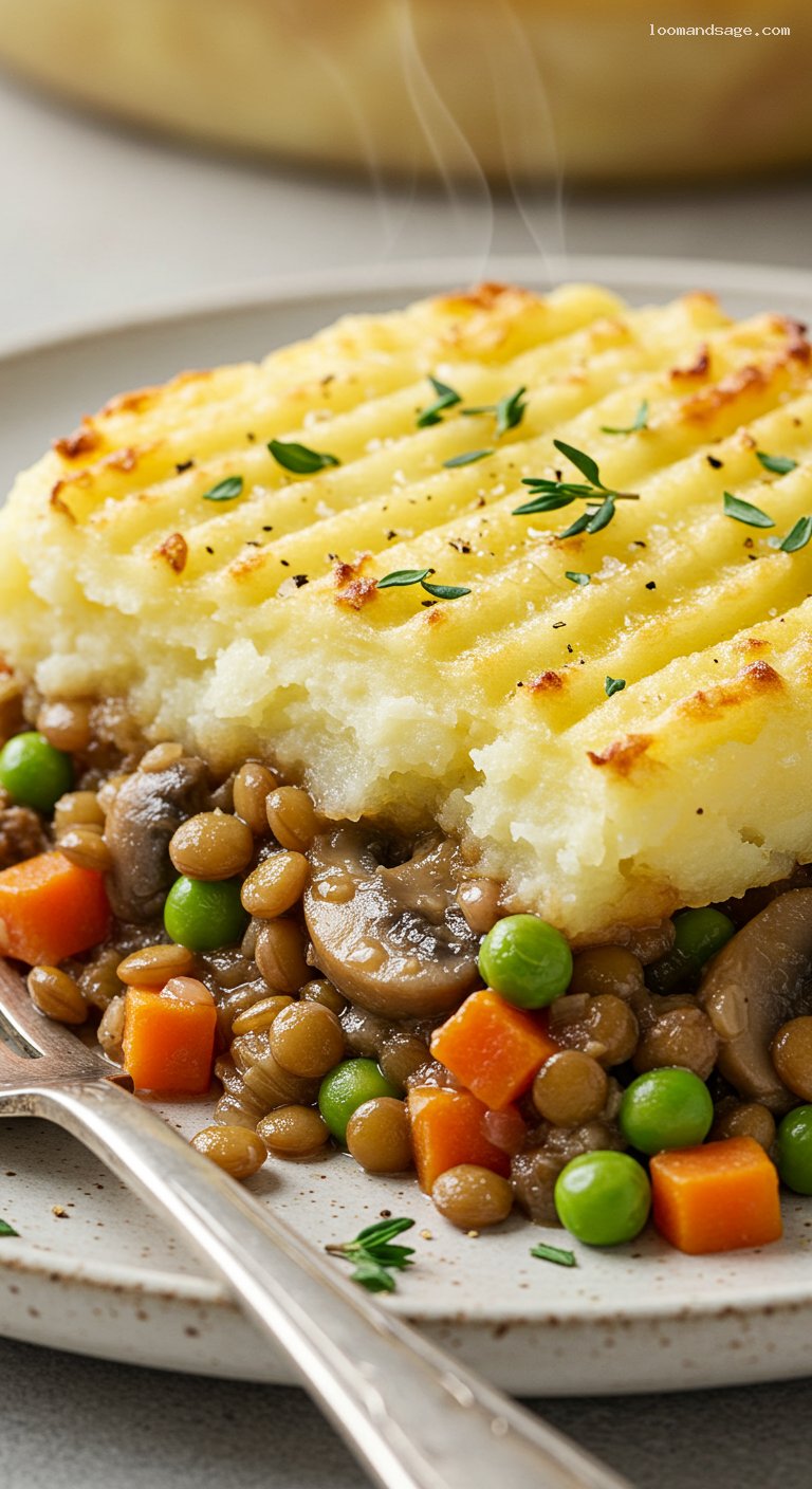 Lentil Shepherd’s Pie with Thyme Mushrooms and Crispy Mash – Closeup