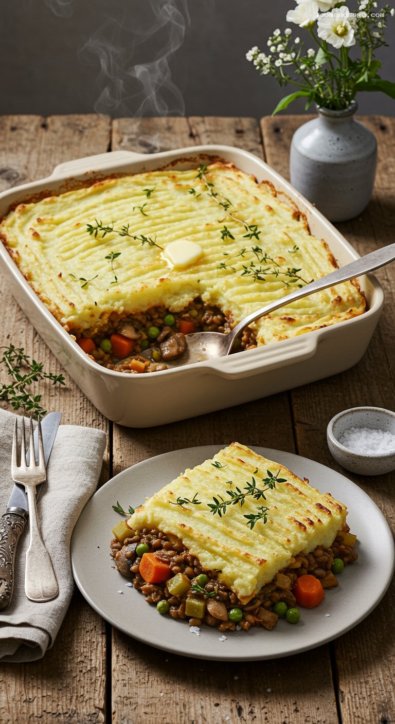 Lentil Shepherd’s Pie with Thyme Mushrooms and Crispy Mash