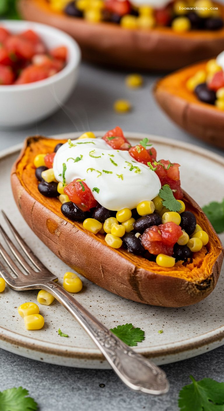 Loaded Sweet Potato Boats with Black Beans and Corn – Closeup