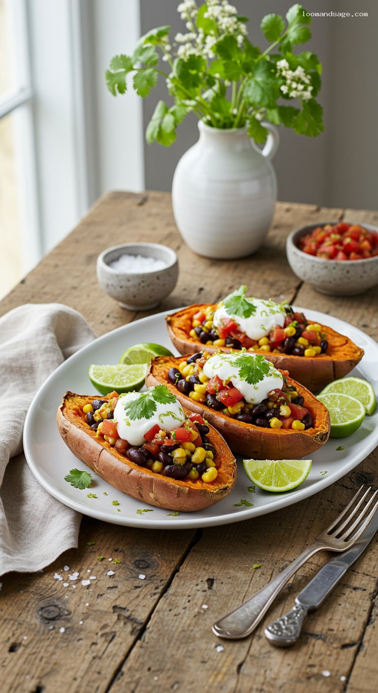 Loaded Sweet Potato Boats with Black Beans and Corn