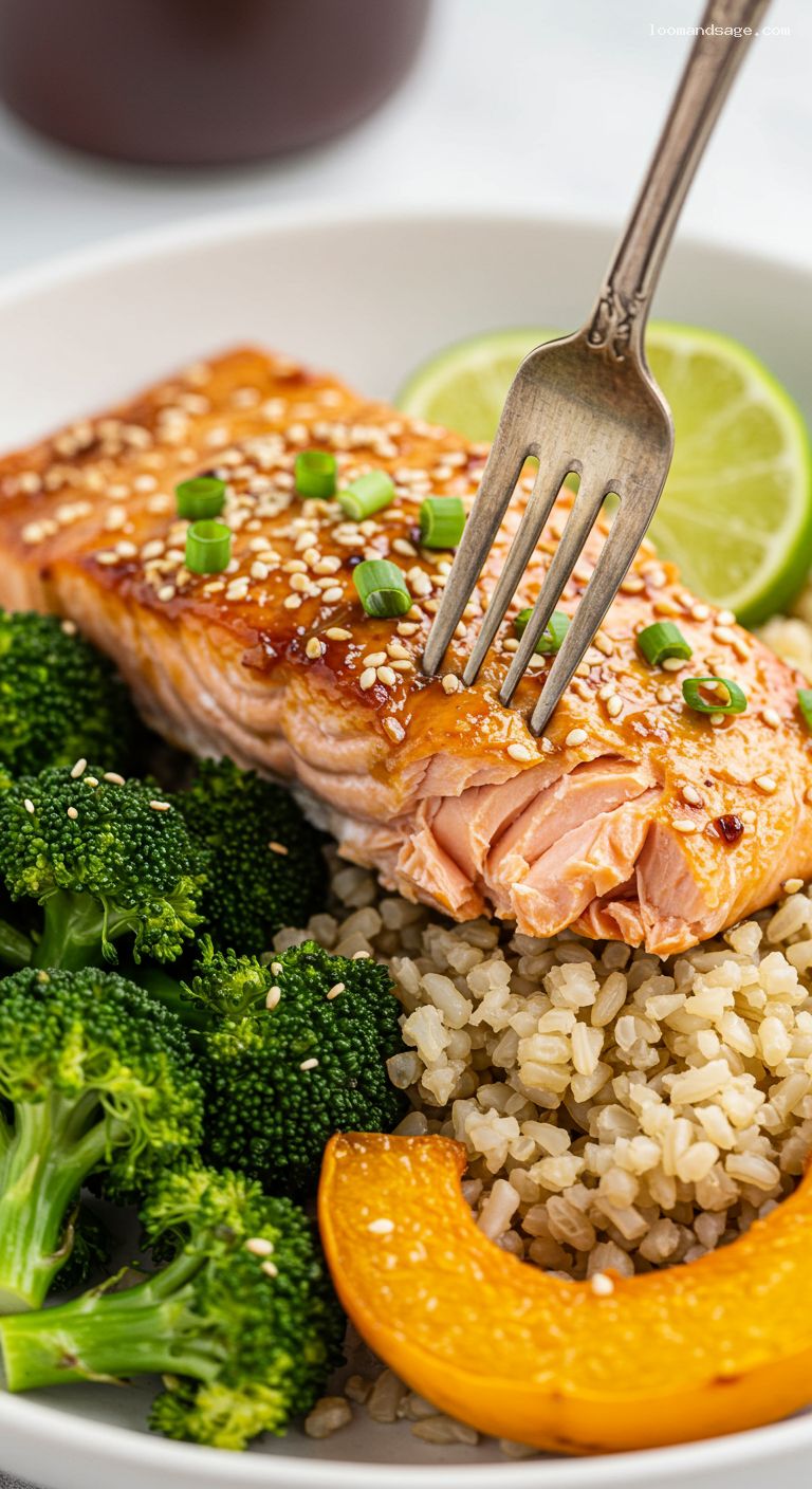 Maple-Miso Salmon with Sesame Broccoli and Squash – Closeup
