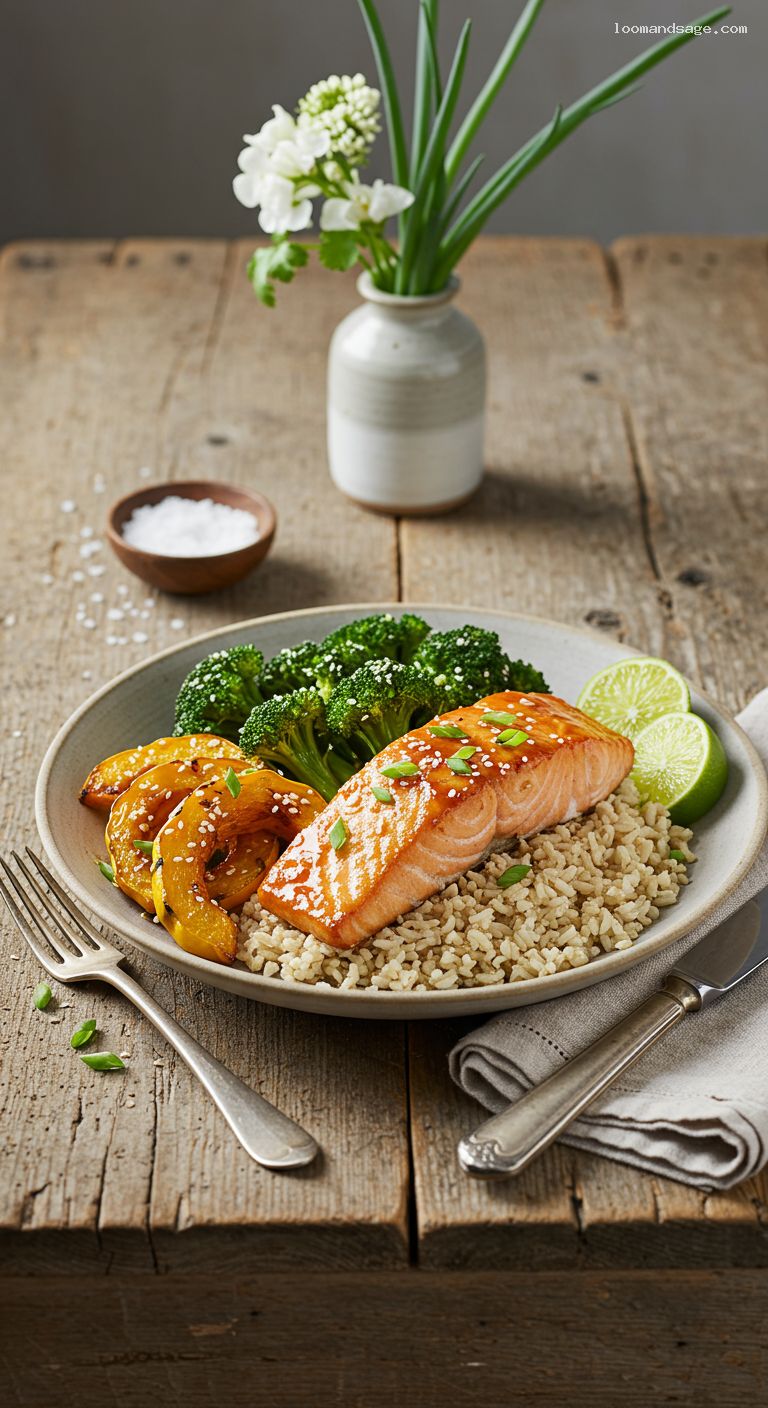 Maple-Miso Salmon with Sesame Broccoli and Squash