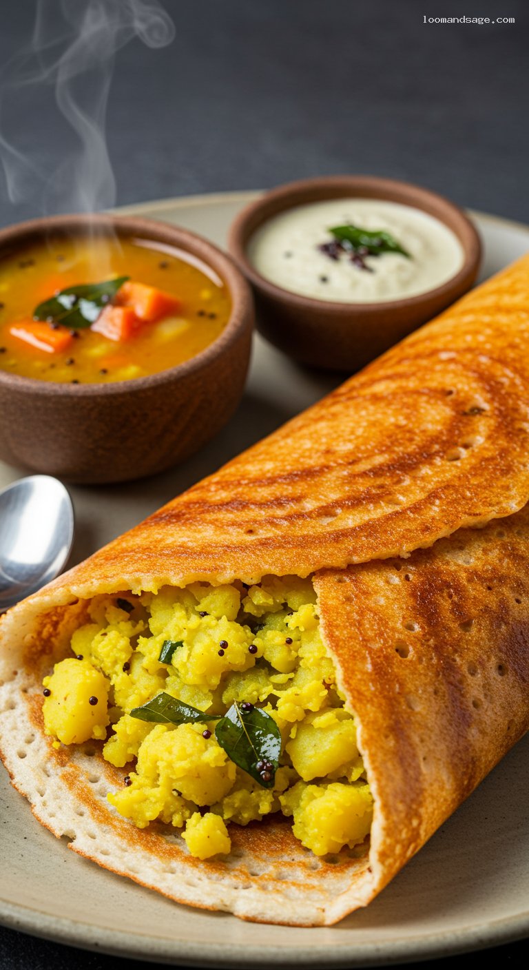 Masala Dosa with Potato Masala, Sambar, and Coconut Chutney – Closeup