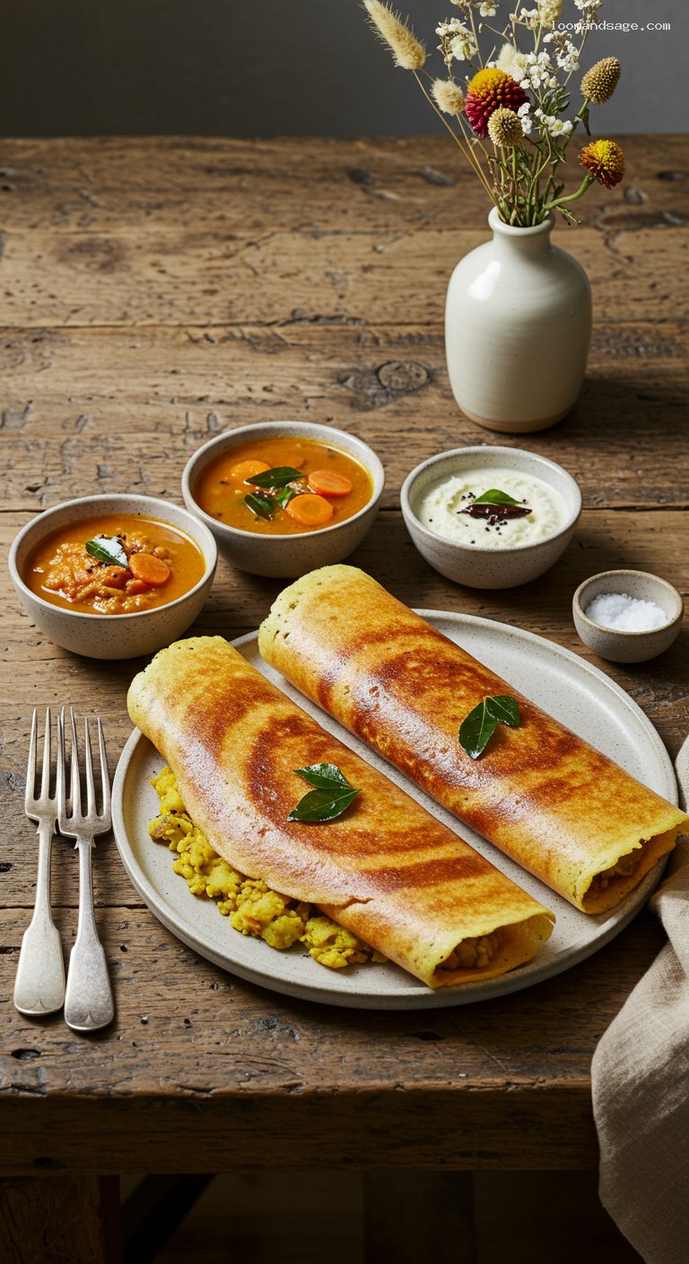 Masala Dosa with Potato Masala, Sambar, and Coconut Chutney