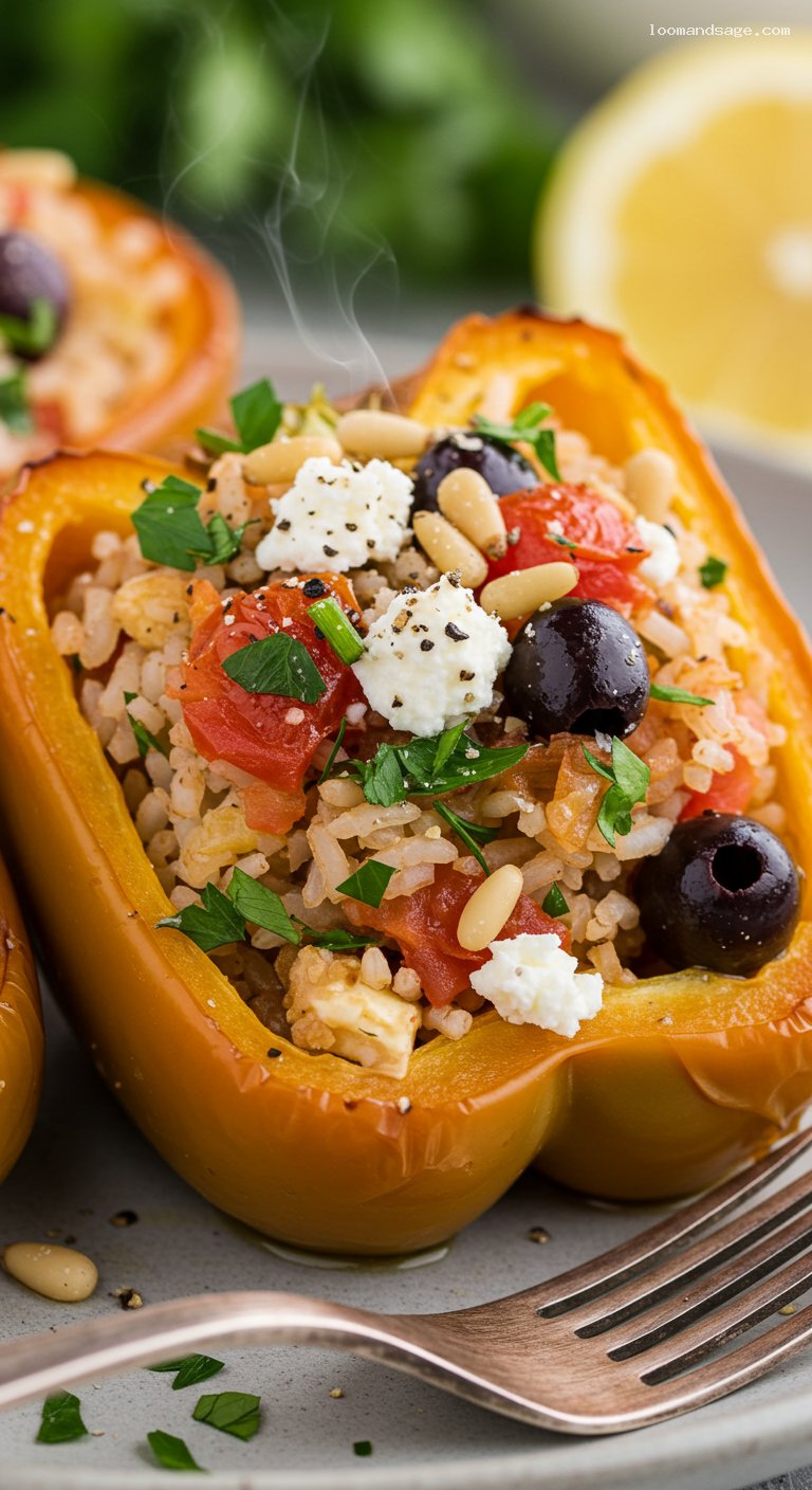 Mediterranean Stuffed Peppers with Herbed Rice and Feta – Closeup
