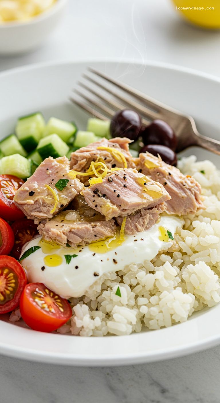 Mediterranean Tuna Rice Bowls with Tahini Yogurt – Closeup