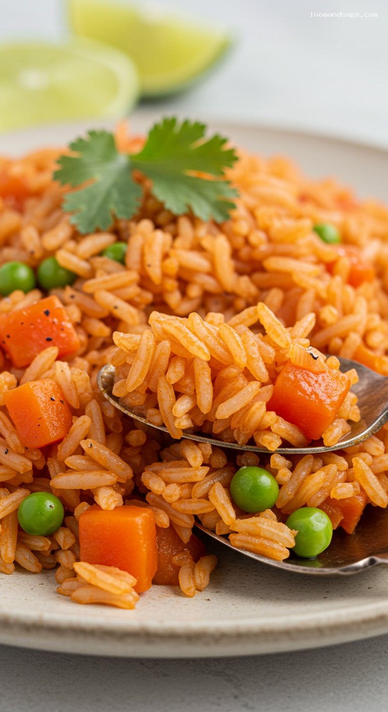 Mexican Red Rice with Tomato, Peas, and Carrots – Closeup