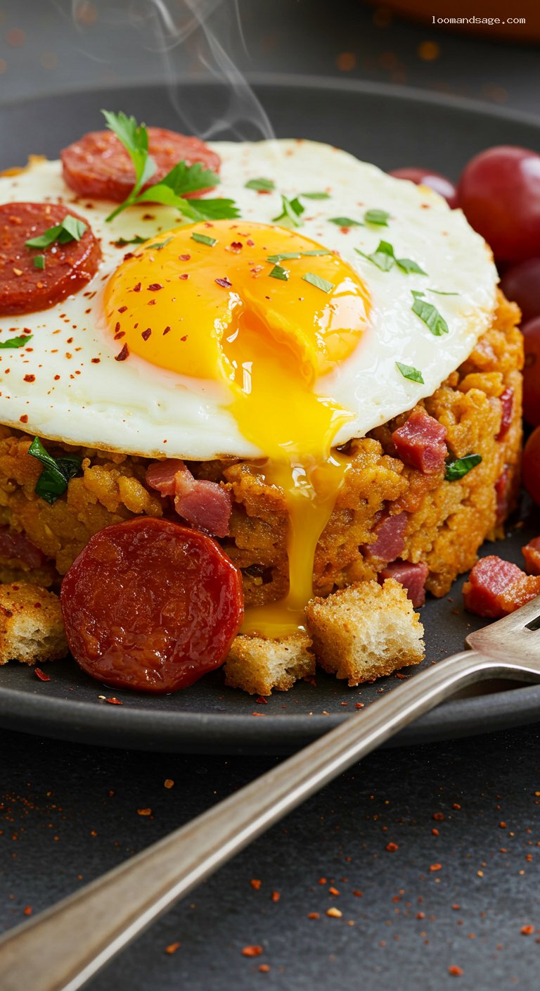 Migas del Pastor with Chorizo and Grapes – Closeup