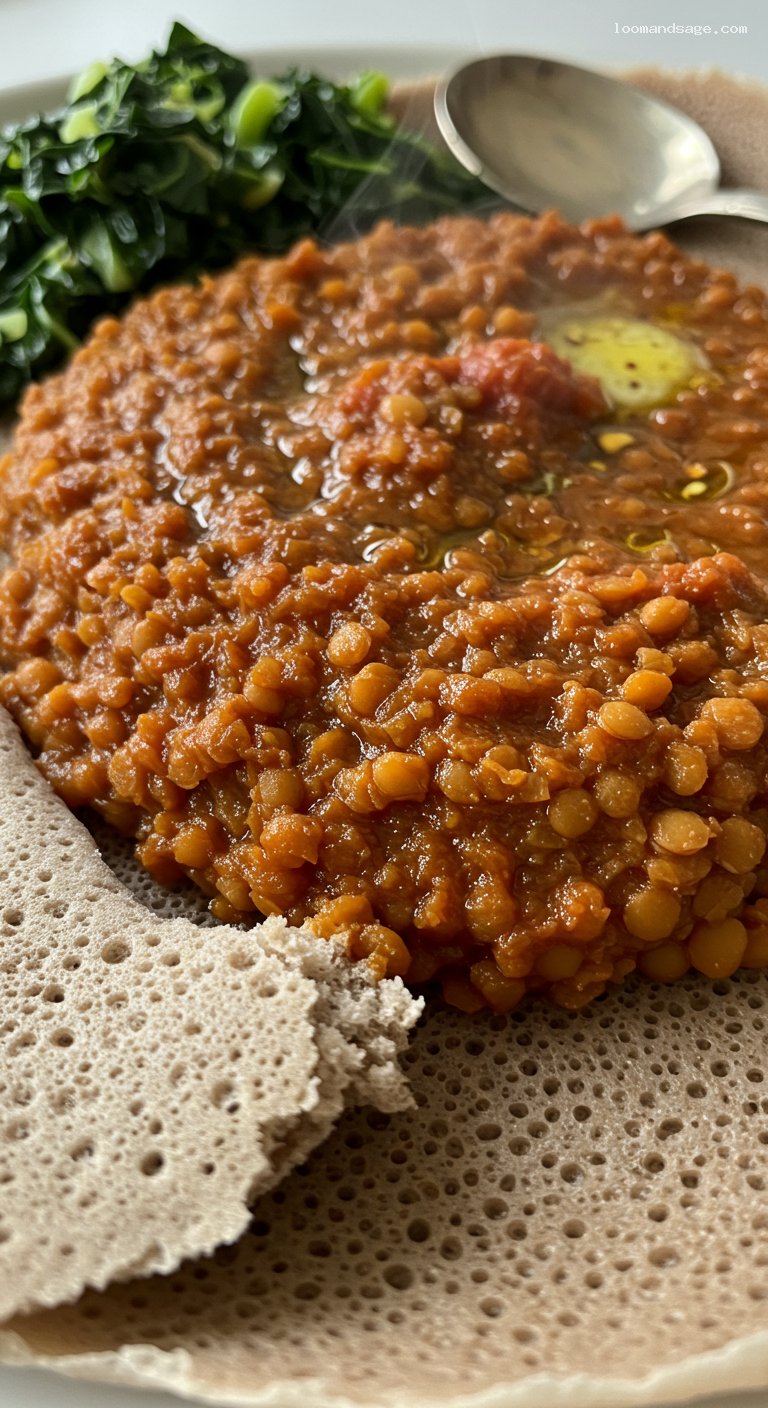 Misir Wot with Injera and Sautéed Greens – Closeup