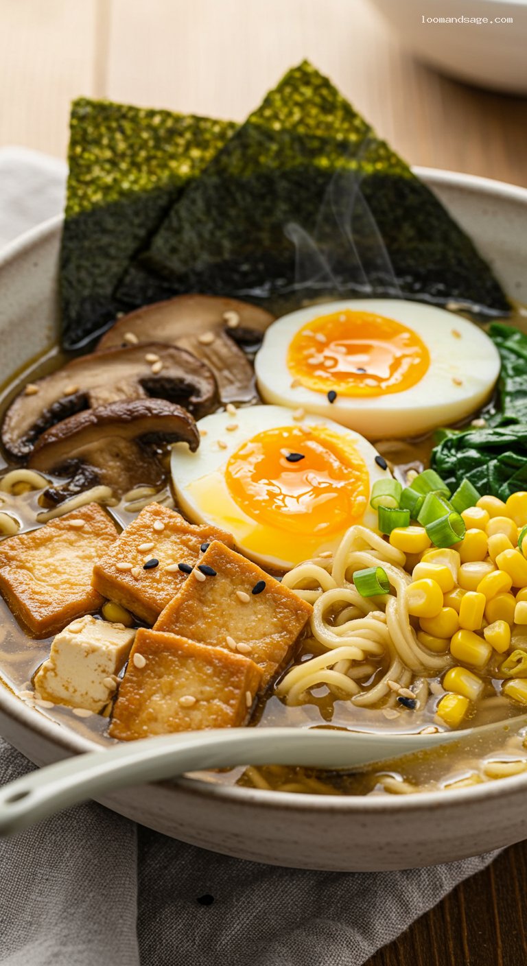 Miso Ramen With Seared Tofu and Vegetables – Closeup