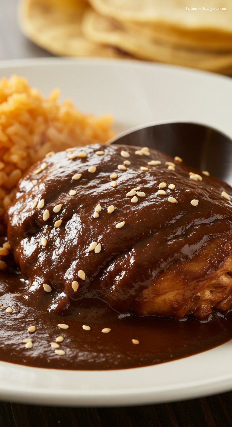Mole Poblano with Chicken and Sesame Seeds – Closeup