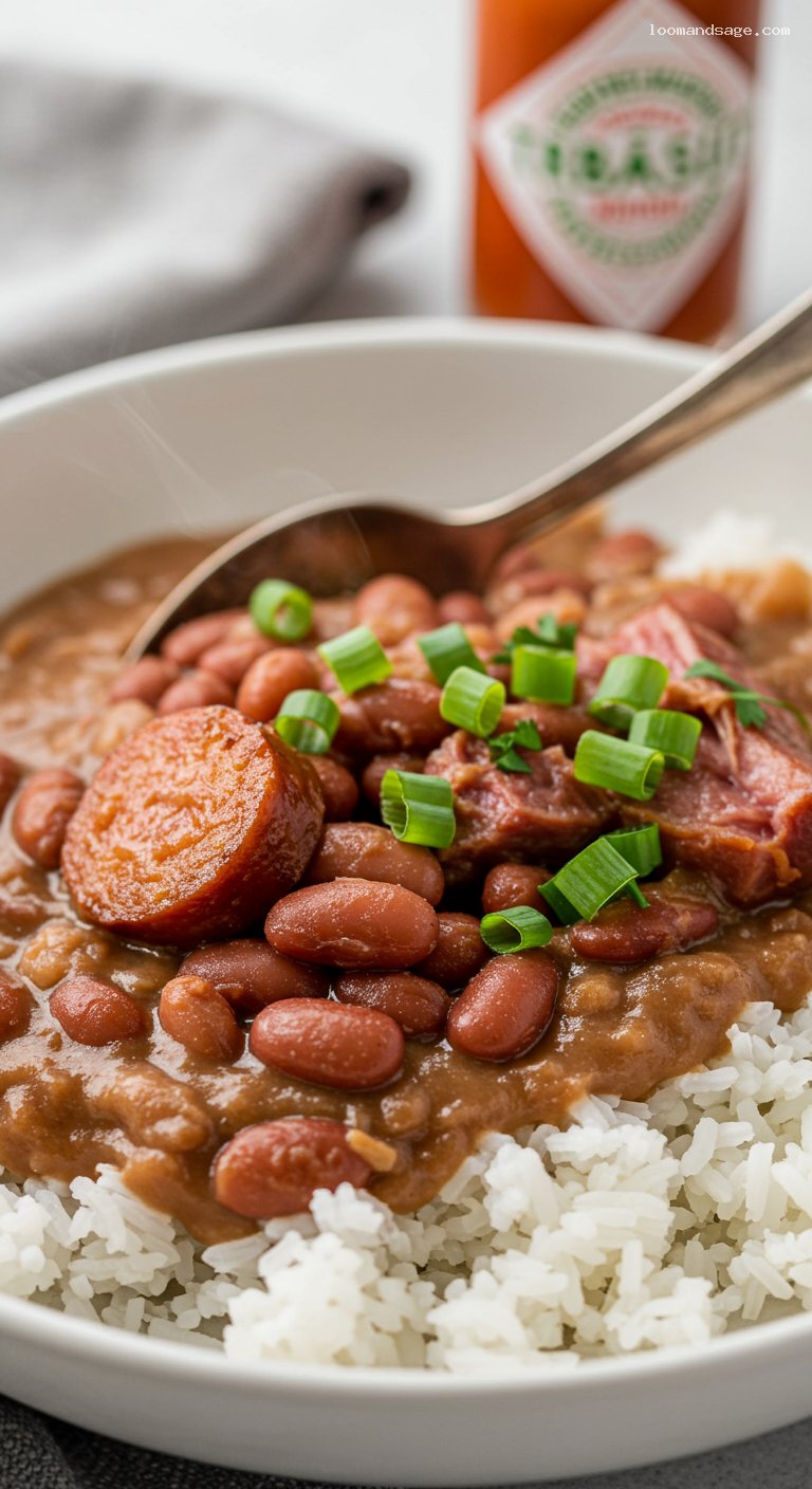 Monday Red Beans and Rice with Smoked Sausage – Closeup