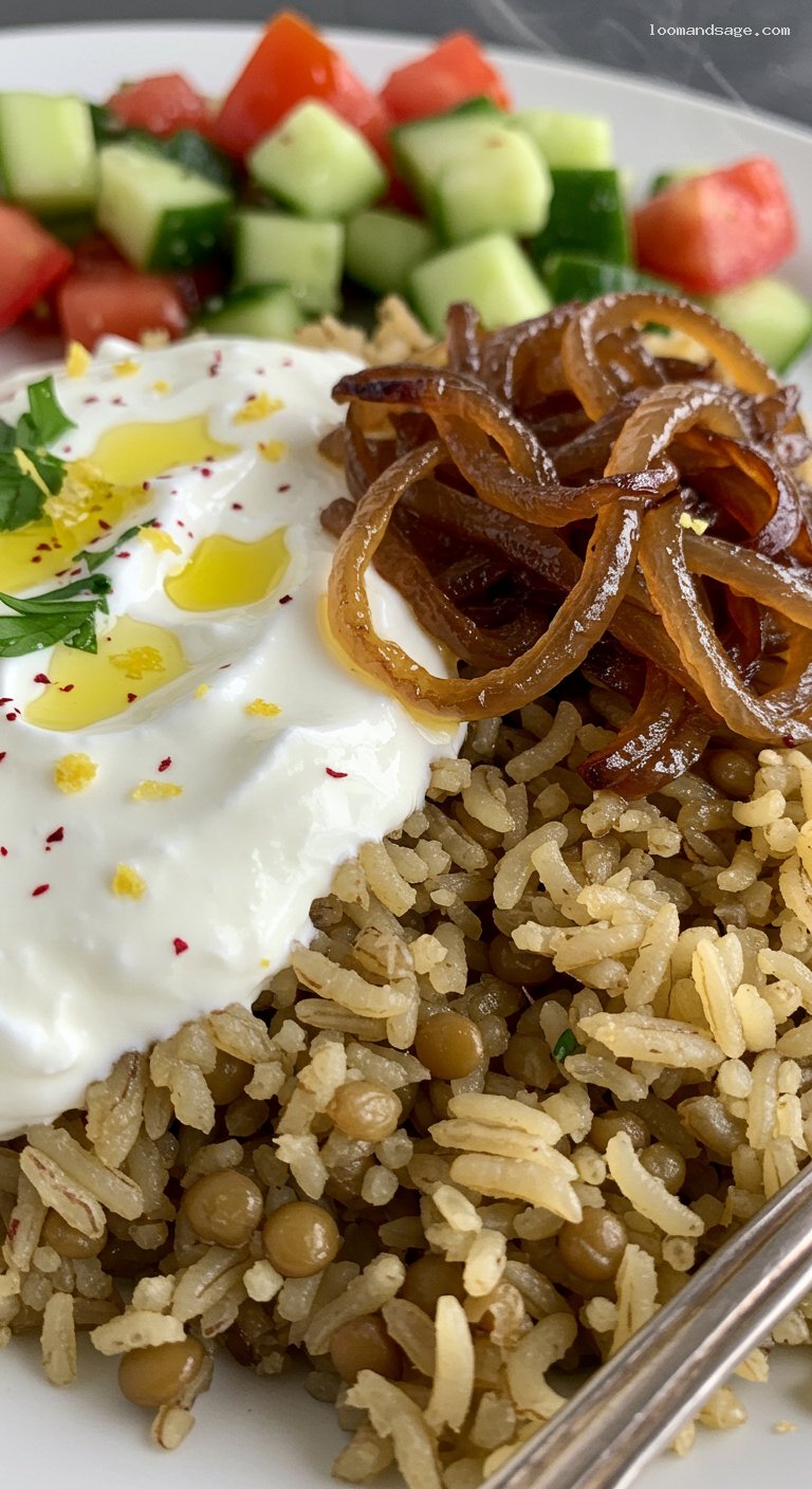 Mujadara with Caramelized Onions, Salad, and Yogurt – Closeup