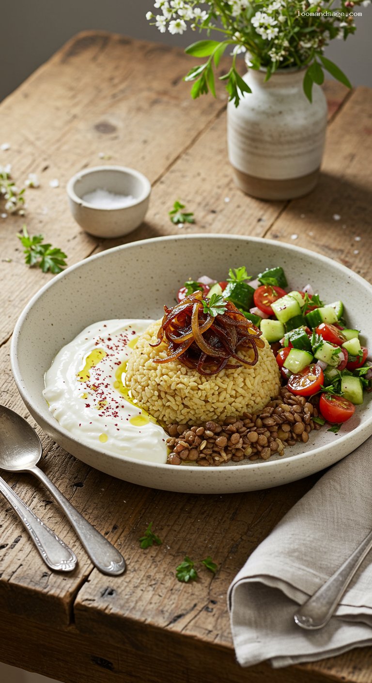 Mujadara with Caramelized Onions, Salad, and Yogurt