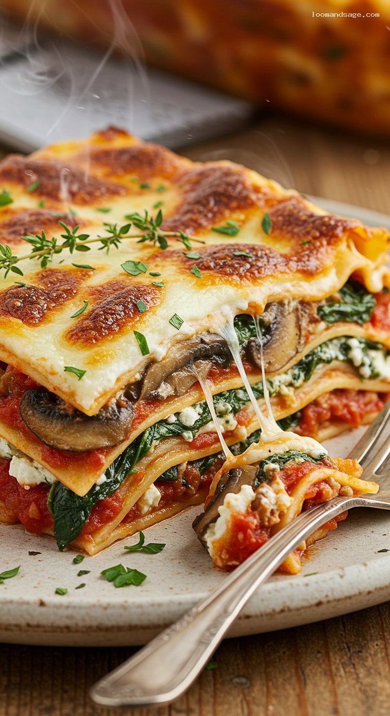 Mushroom and Spinach Lasagna with Ricotta and Mozzarella – Closeup