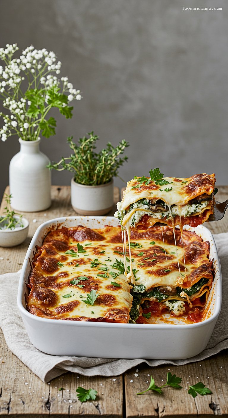Mushroom and Spinach Lasagna with Ricotta and Mozzarella