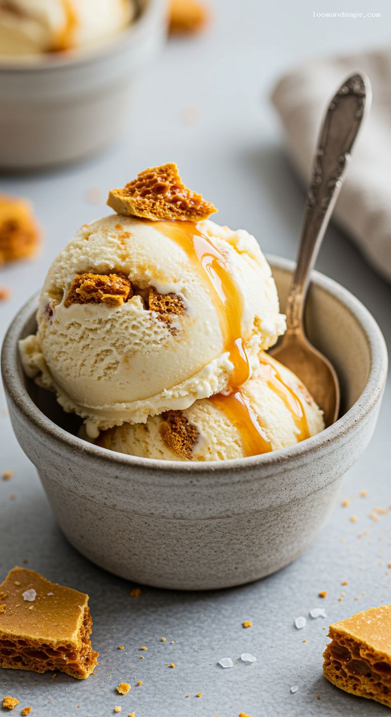 No-Churn Honeycomb Toffee Ice Cream with Caramel Ribbon – Closeup
