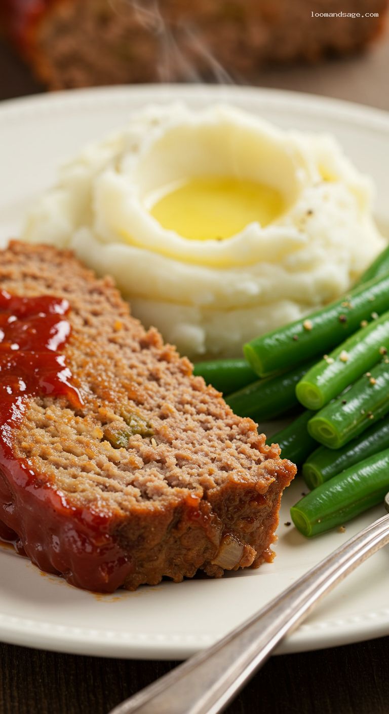 Old-Fashioned Glazed Meatloaf with Mashed Potatoes – Closeup
