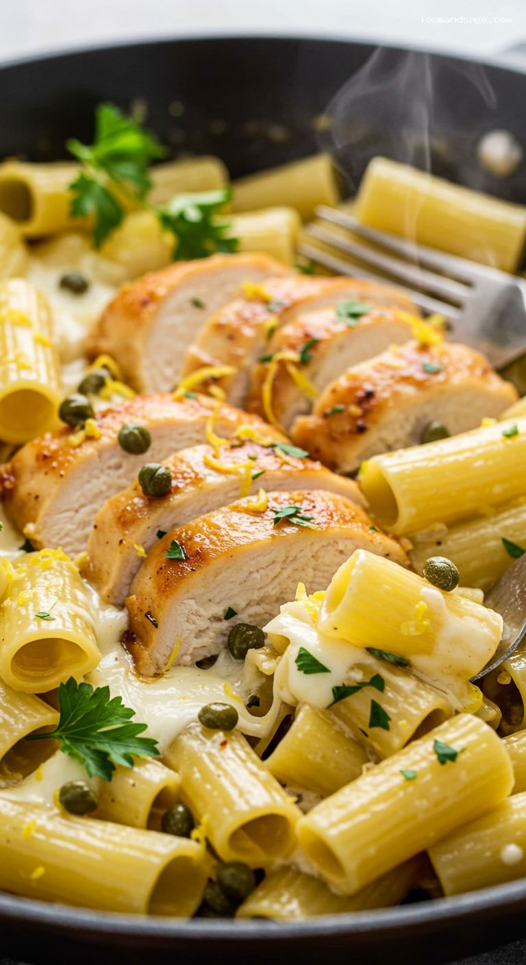One-Pan Chicken Piccata Rigatoni Bake – Closeup