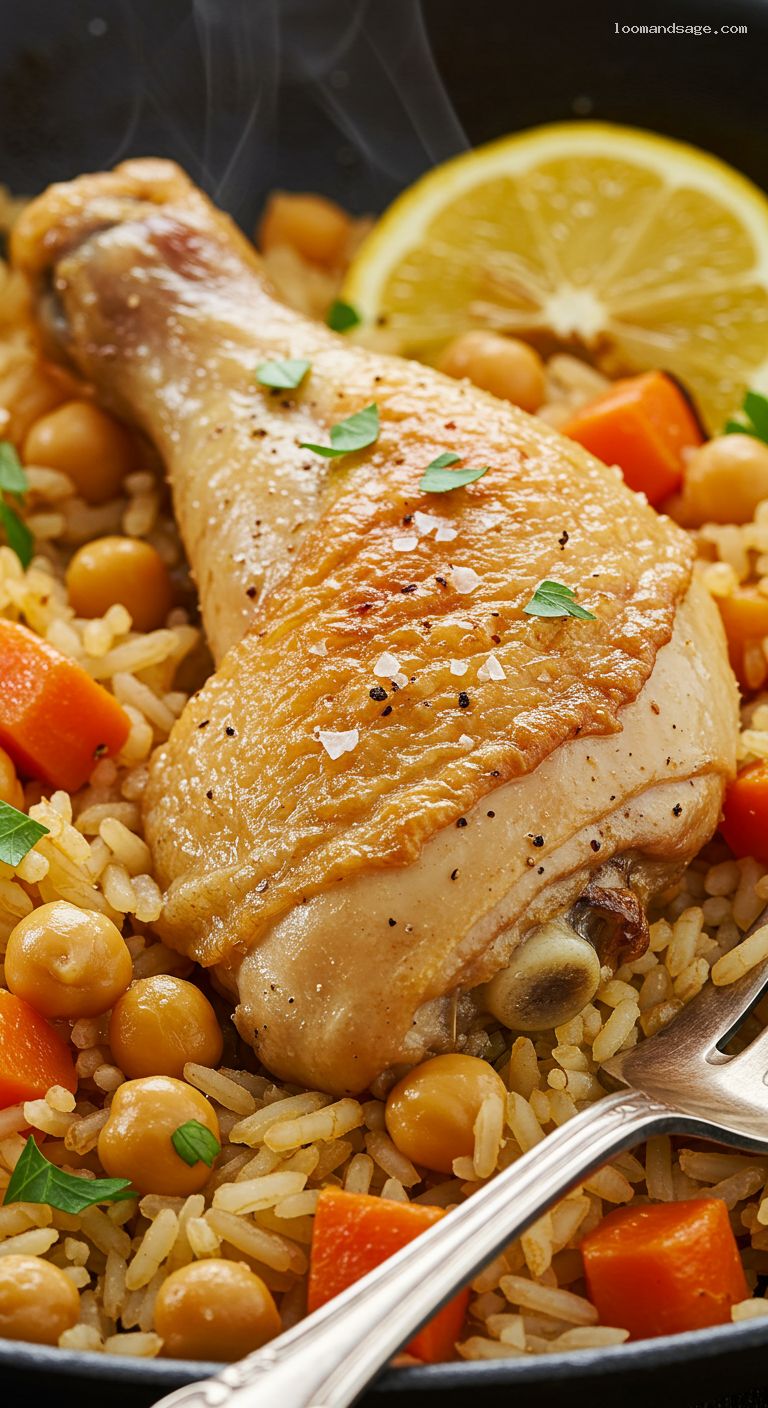 One-Pan Lemon-Herb Chicken With Garlicky Chickpea Pilaf – Closeup