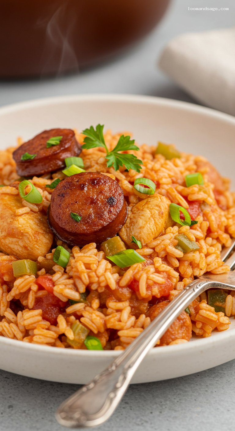 One-Pot Jambalaya with Andouille and Chicken – Closeup
