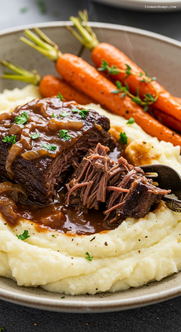 Oven-Braised Country Beef Short Ribs with Mash and Roasted Carrots – Closeup