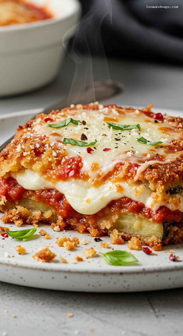 Oven-Crisped Eggplant Parmesan with Marinara and Mozzarella – Closeup