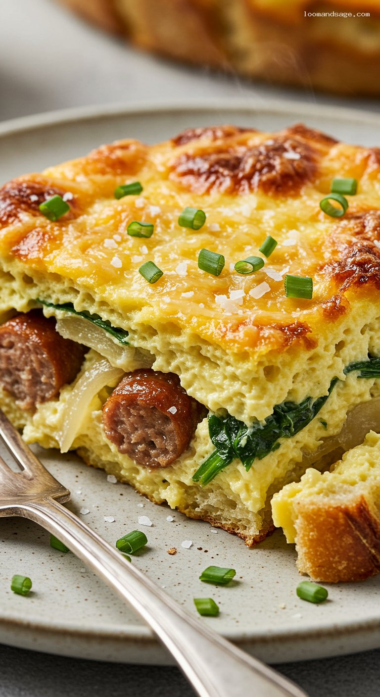 Overnight Sausage, Spinach, and Gruyère Breakfast Strata – Closeup
