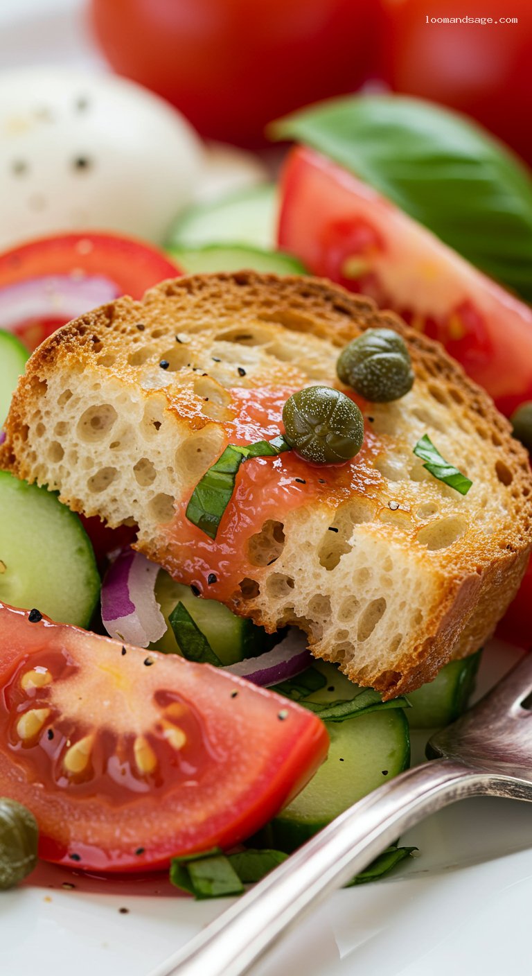 Panzanella Salad with Tomato, Cucumber, and Basil – Closeup