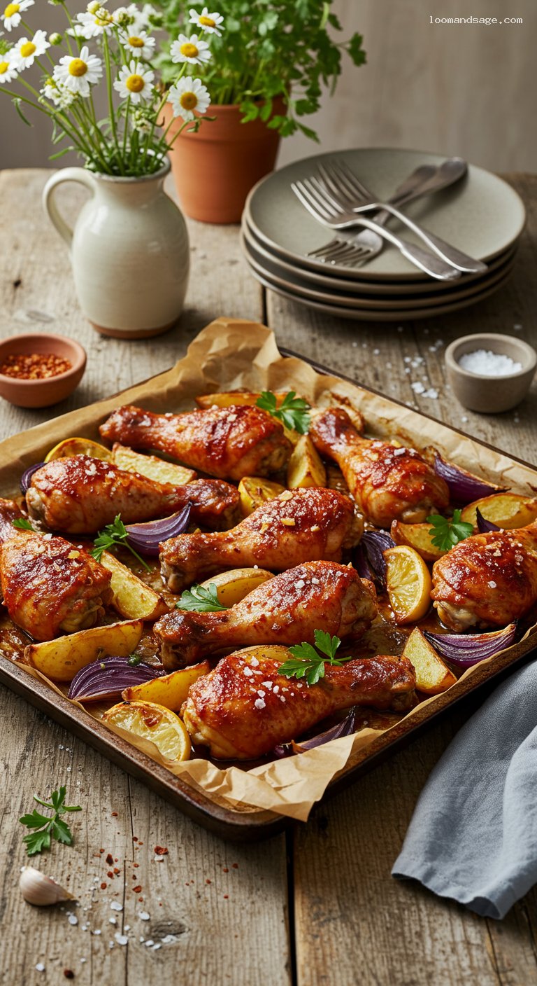 Paprika-Garlic Drumstick Tray Bake with Potatoes and Onions