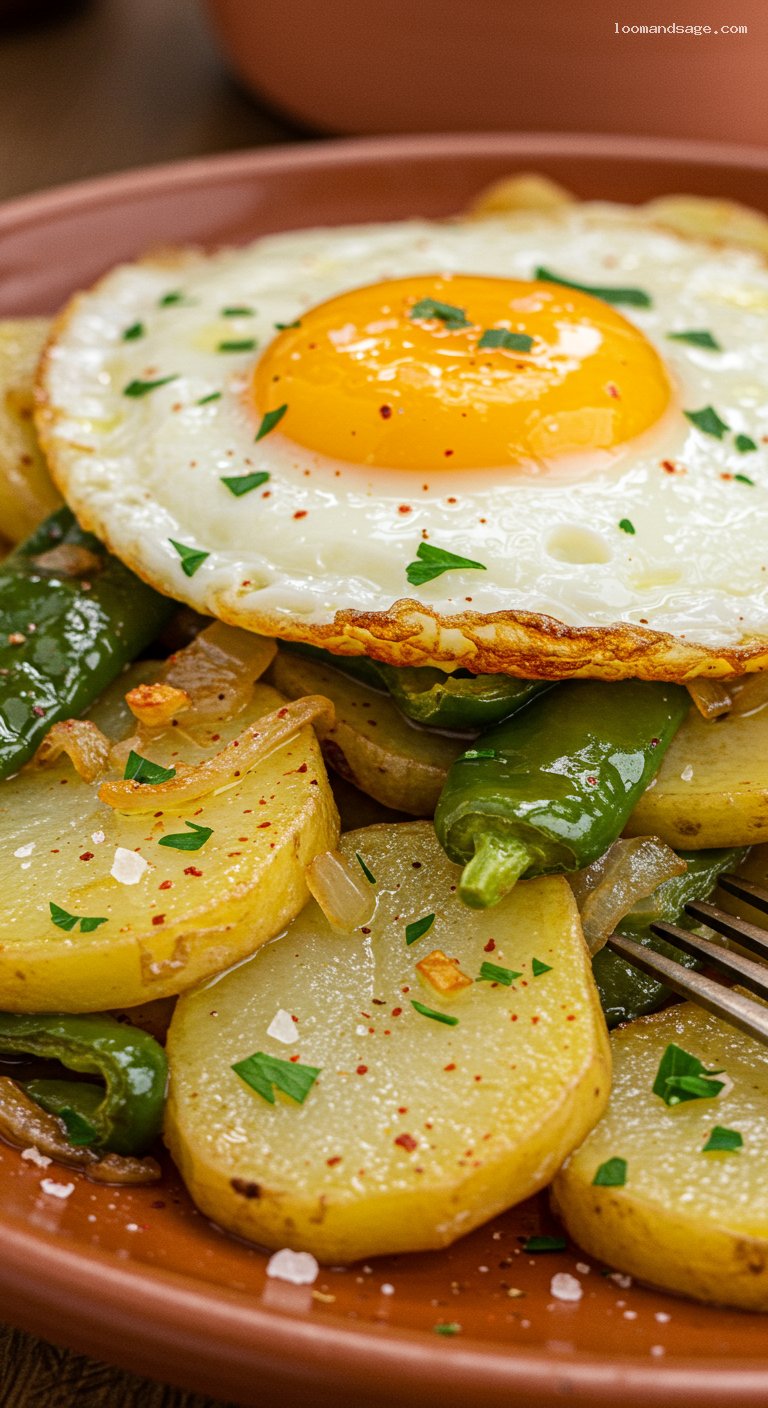 Patatas a lo Pobre with Fried Egg and Vinegar – Closeup