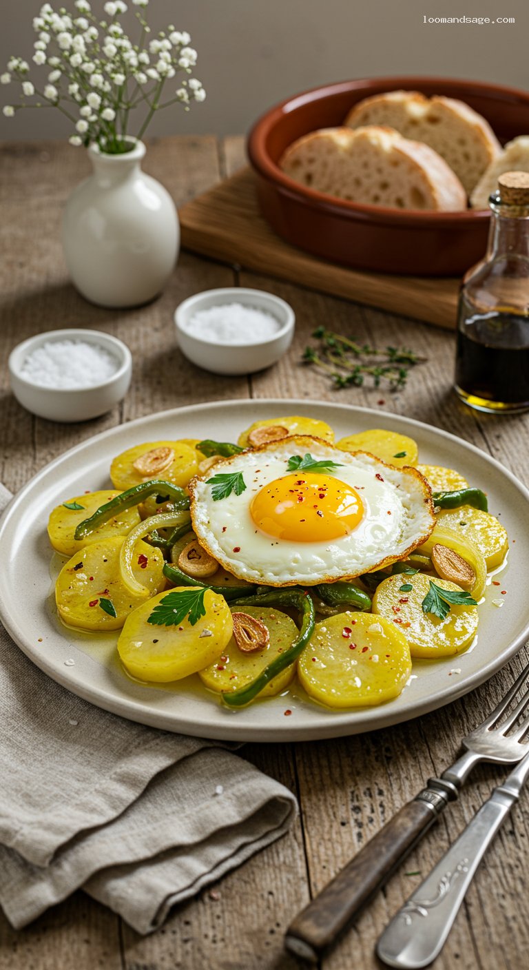 Patatas a lo Pobre with Fried Egg and Vinegar