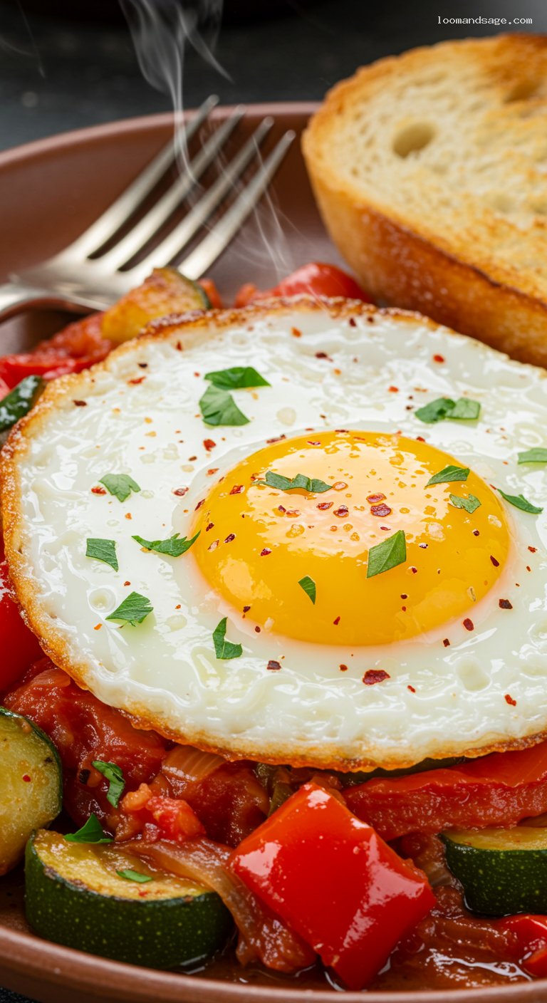 Pisto Manchego with Fried Egg and Bread – Closeup