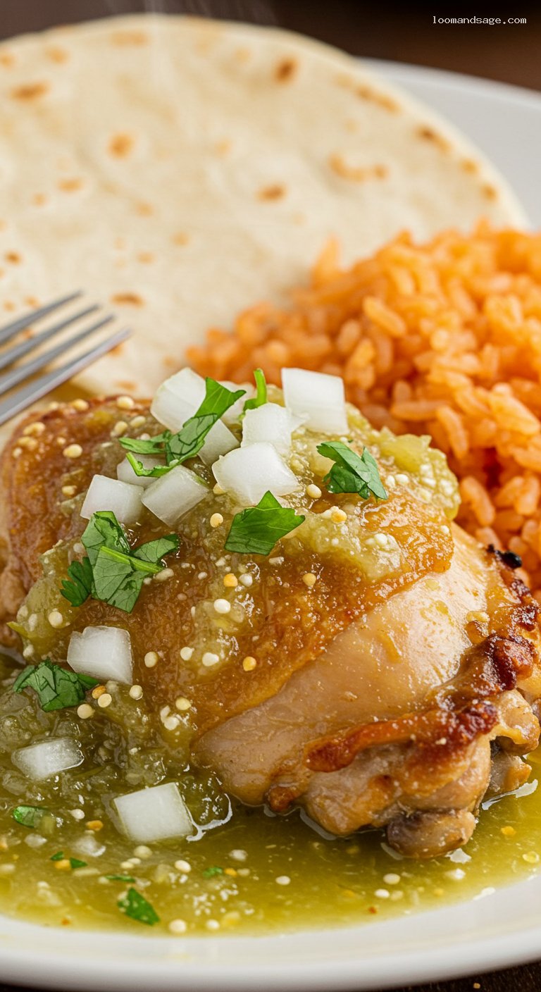 Pollo en Salsa Verde with Mexican Rice and Tortillas – Closeup