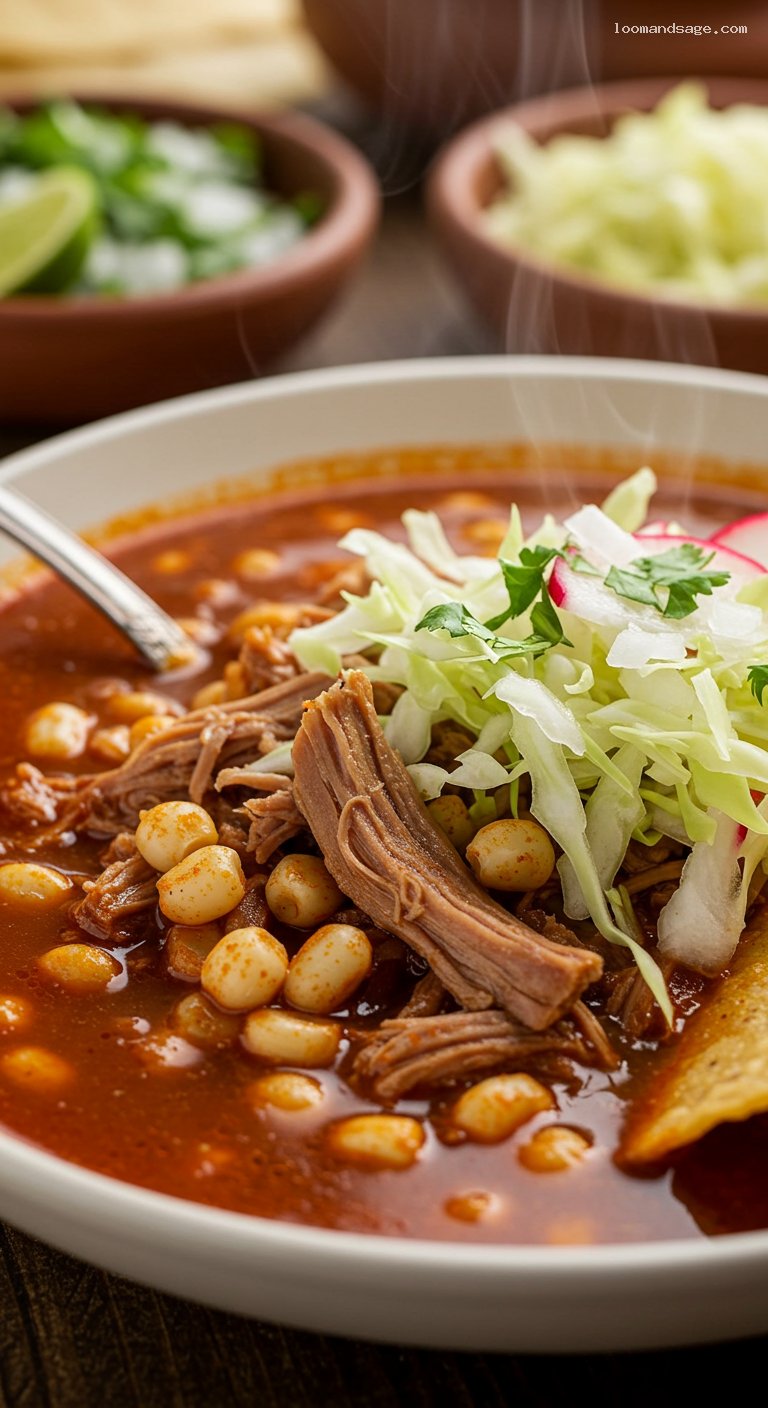 Pozole Rojo with Pork and Hominy – Closeup