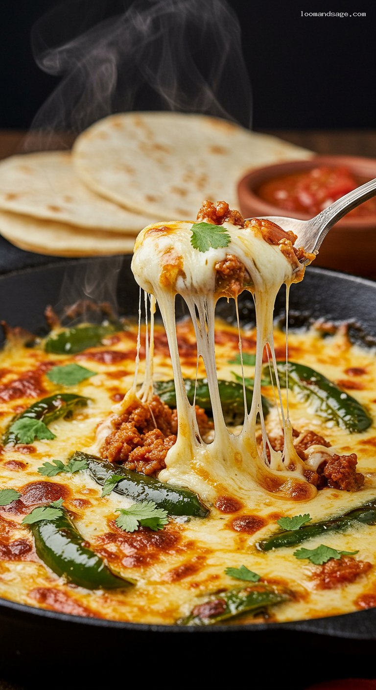Queso Fundido con Chorizo and Roasted Poblanos – Closeup