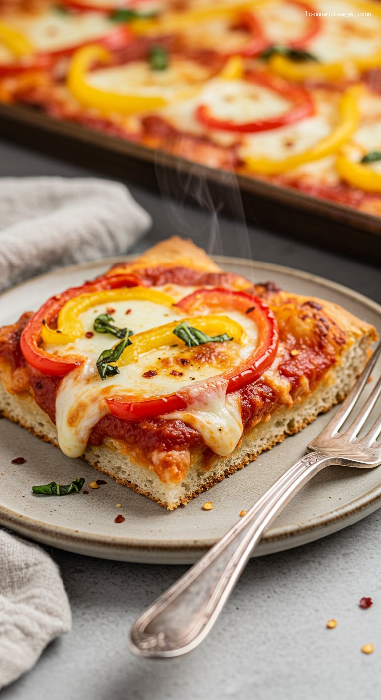 Quick No-Yeast Sheet Pan Pizza with Peppers – Closeup