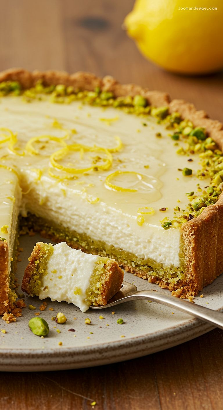 Ricotta Lemon Tart with Pistachio Crust and Honey Glaze – Closeup