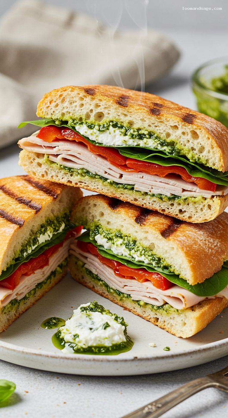 Roasted Red Pepper Turkey Panini with Whipped Feta – Closeup