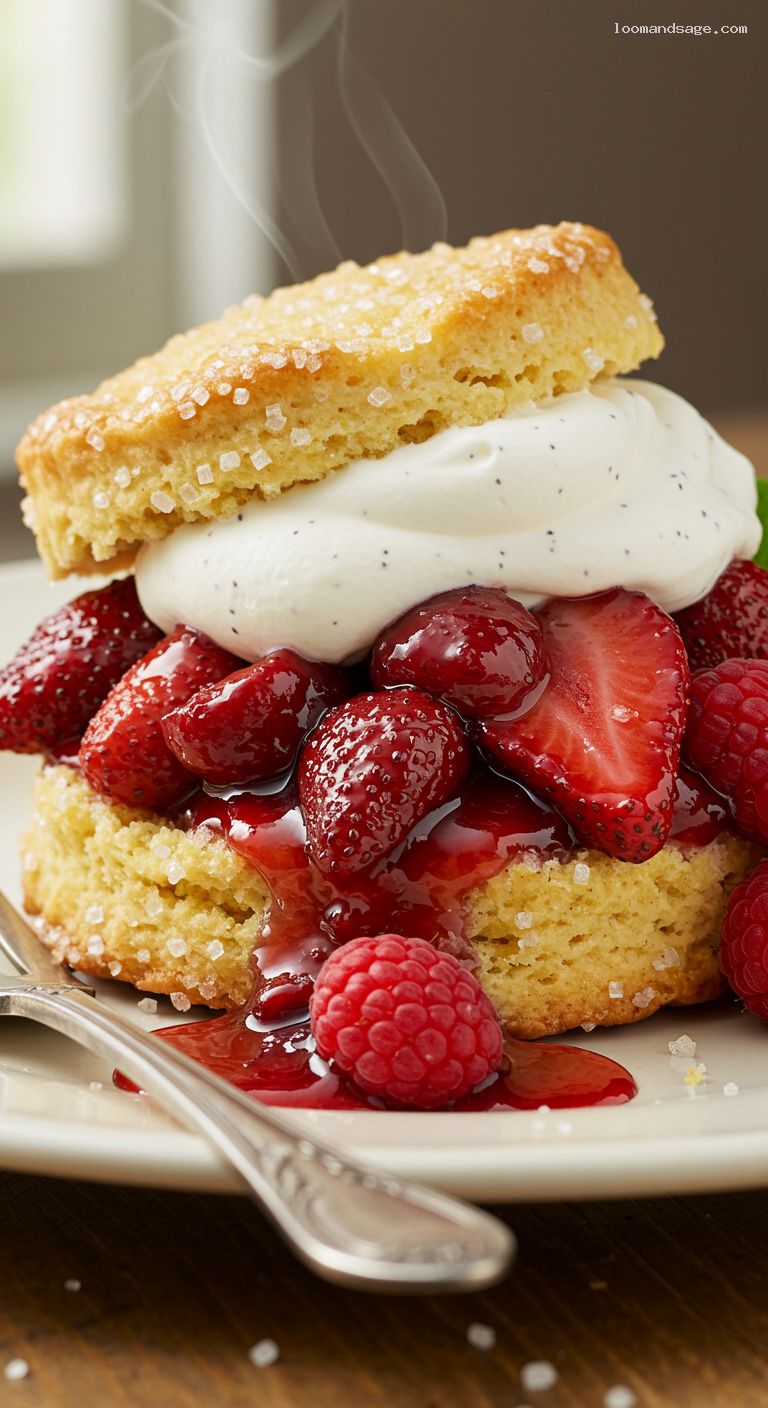 Roasted Strawberry Shortcake with Cornmeal Biscuits and Vanilla Whipped Cream – Closeup